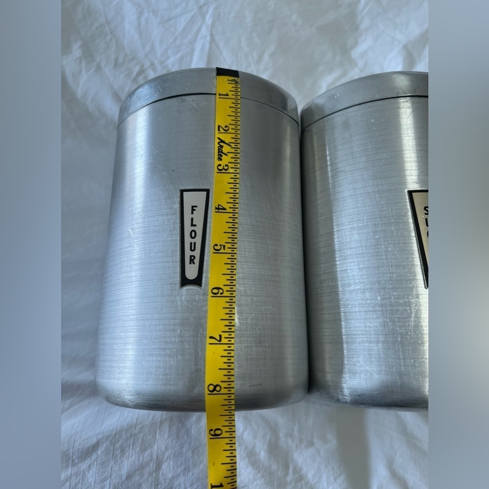 Vintage 1950s MCM Kitchen Aluminum Canisters Lids | Flour And Sugar - Picture 7 of 12